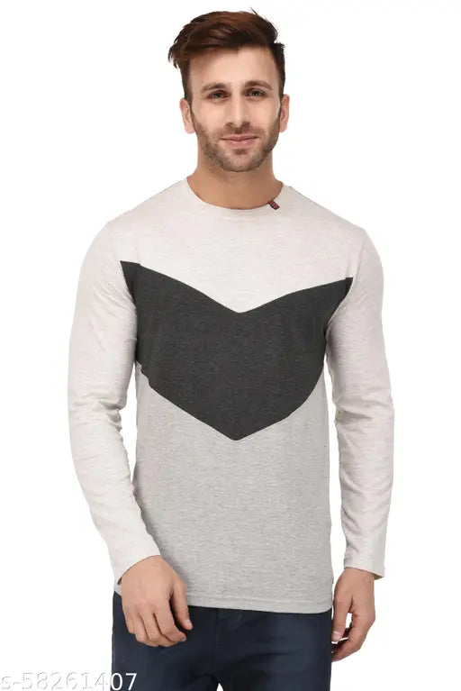 Grey cotton men's full sleeve paneled regular fit t-shirt, solid design, perfect for casual wear