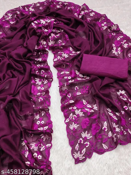 Georgette and poly silk embroidered saree with separate running blouse in rich wine color, perfect for festive wear or events