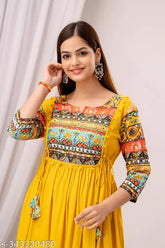 Yellow rayon printed Anarkali Kurta by Yash Gallery, three-quarter sleeve length for women's traditional Indian wear