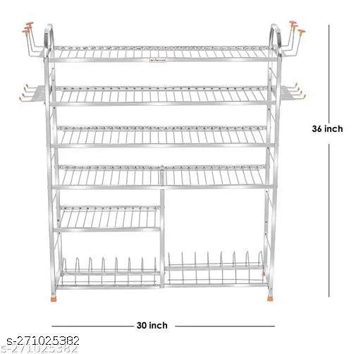 Stainless steel kitchen organizer, 6-shelf utensils rack with dish and cutlery stand. Modern modular storage solution, 36H x 30L inches, lower 2-plate configuration