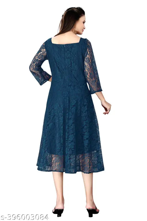 Net Anarkali kurti, women's trendy designer dress with ¾ sleeves, square neck, and printed combo. Available in sizes S-XXXL. Indian-made party wear or daily wear kurti