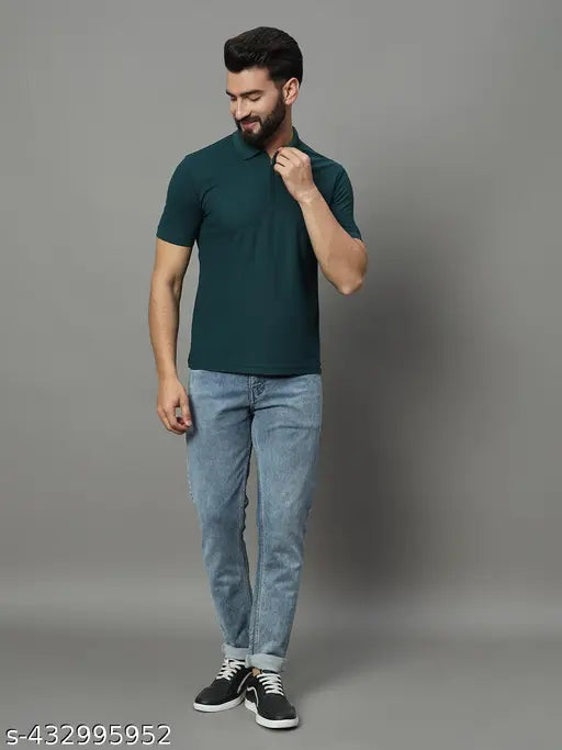 Mens solid cotton blend half sleeve polo neck T-shirt, printed with denim jeans pattern. Short sleeves, size XL (44in chest, 29in length). Made in India