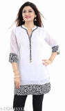 White/Black printed georgette straight kurta with three-quarter sleeves, self-designed by Meher Impex. Women's ethnic clothing for S, M, L, XL, XXL, XXXL sizes. Made in India