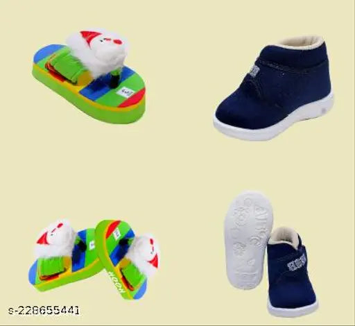 Embellished canvas new born baby shoes and slipper combo in 0-3M, 3-6M, 6-9M from India