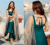 Green solid anarkali kurta with dupatta set, art silk fabric, sleeveless, printed, Indian ethnic wear on mannequin