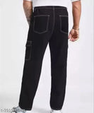 Black denim baggy cargo for boys, casual wear with abstract net pattern. Denim size fits 28-34 waist, clean look
