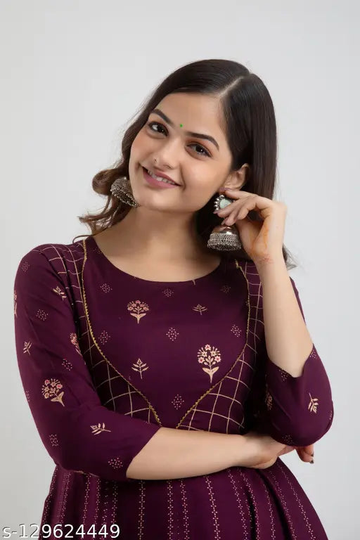 Purple rayon printed Anarkali Kurta, three-quarter sleeves, self-designed, Jaipur tradition for festive occasions