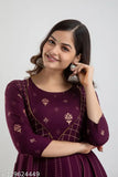 Purple rayon printed Anarkali Kurta, three-quarter sleeves, self-designed, Jaipur tradition for festive occasions