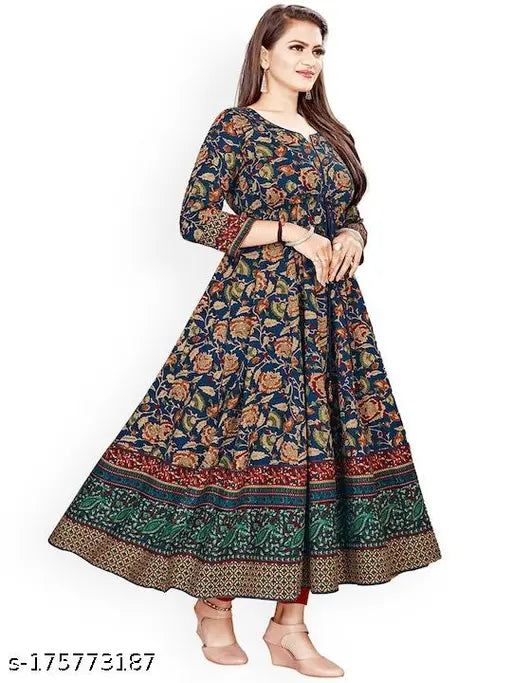 Blue printed long Anarkali Rayon gown for women's and girls, all-over patterned, three-quarter sleeves