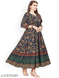 Blue printed long Anarkali Rayon gown for women's and girls, all-over patterned, three-quarter sleeves
