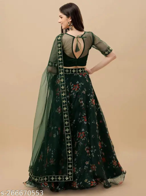 Embroidered net lehenga set with floral dupatta and choli, semi-stitched or free size, Indian fashion