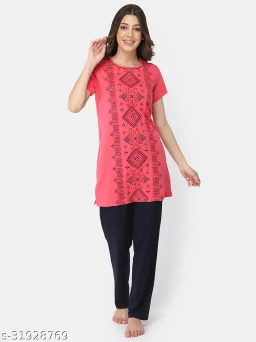 Pink cotton navy women's night suit with flower print, soft and comfortable cotton fabric for dreamy nights