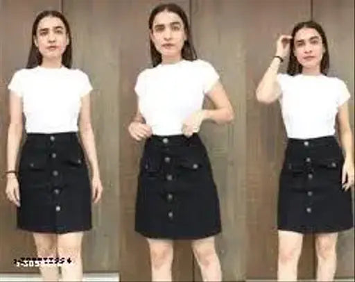 Stylish denim skirt for women, solid color, available in sizes 26, 28, 30 (waist 26/28/30, length 19in), made in India