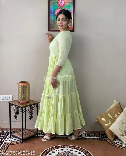 Rayon Lurex embroidered maxi dress with yoke and gota lace, full flare design, three-quarter sleeves