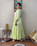 Rayon Lurex embroidered maxi dress with yoke and gota lace, full flare design, three-quarter sleeves