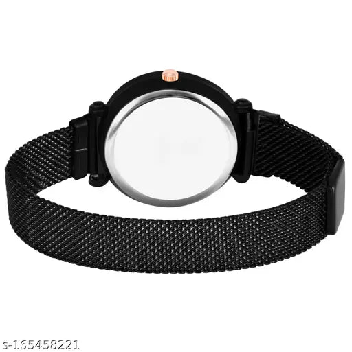 Classic women's gold stainless steel analog watch, black dial and round shape with matching bracelets - luxury accessories