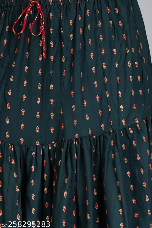 Green printed rayon women's long skirt with net pattern, multiple sizes available