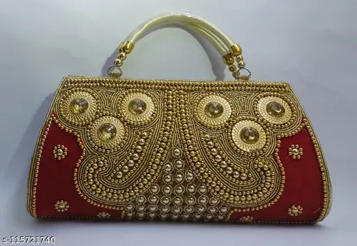 Resin embellished net wedding clutch for girls & women, gold thread embroidery, crystal applique, free size (L:39in, W:8in)