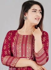 Maroon rayon anarkali kurti with three-quarter sleeves and printed combo, Indian traditional clothing for women