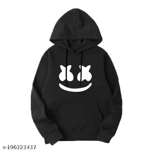 Black unisex hoodie, cotton, stylish smiley design, winter wear for men & women