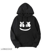 Black unisex hoodie, cotton, stylish smiley design, winter wear for men & women