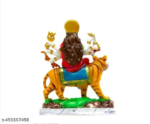Marble Goddess Durga Mata for Car Dashboard, temple puja murti, home decor and office showpiece. Multicolor marble deity, 8 cm x 5 cm x 14 cm dimensions