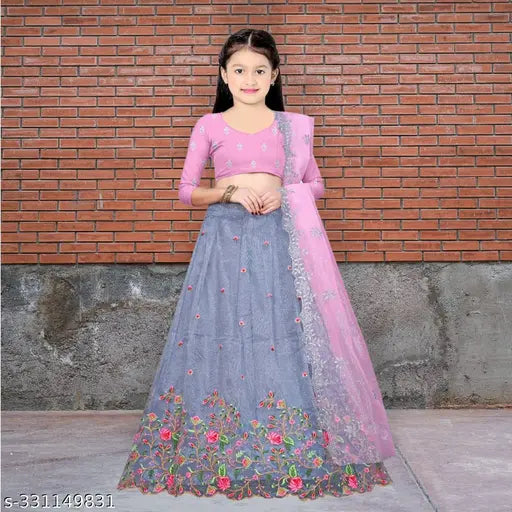 Embroidered kids net lehenga choli, dupion silk top and net duppatta with semi-stitched embroidery and cut work border, 9-12 years size
