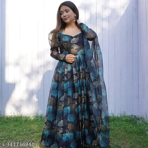 Designer printed Georgette gown with dupatta, digital print flared dress with frills, size S (bust 36in), made in India