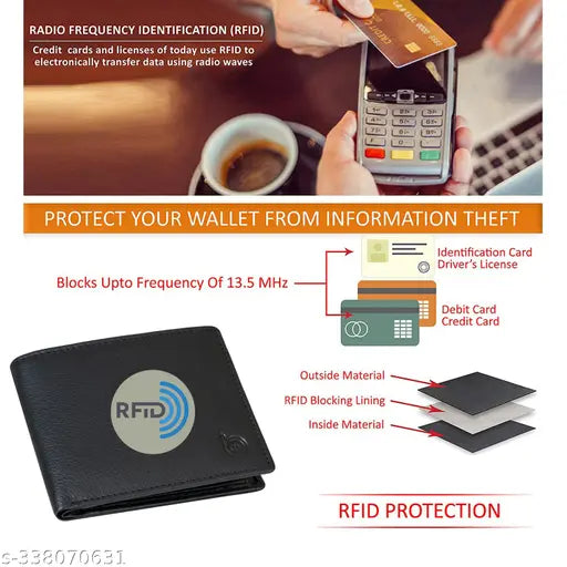 Black genuine leather men's wallet with 2 compartments, credit card slots, and coin pocket. Hand-stitched for durability and aging elegance. RFID blocking for added security