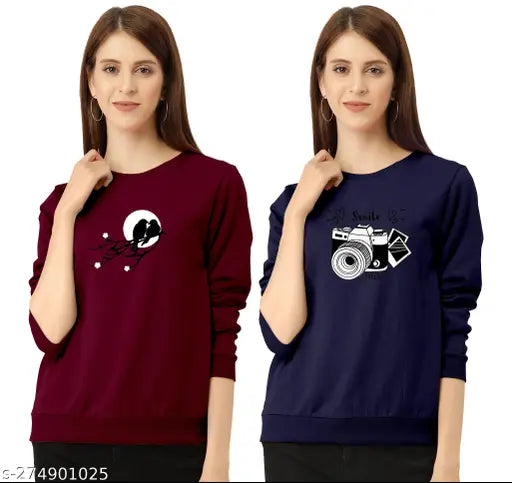 Maroon and blue combo printed long sleeve round neck t-shirt for women and girls, cotton blend, trendy party wear top with back print, suitable for various events and functions