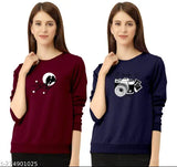 Maroon and blue combo printed long sleeve round neck t-shirt for women and girls, cotton blend, trendy party wear top with back print, suitable for various events and functions