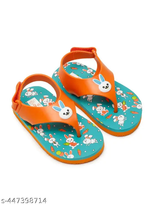 Orange unisex Premium Bunny Jellies Flipflops with Looney Toons print on net background, adjustable backstrap and Velcro fastening