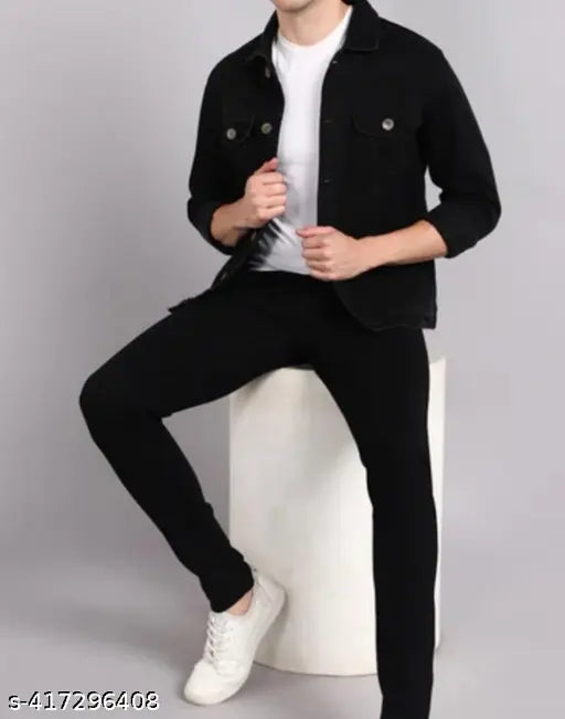 Comfy cotton mid-rise black men's jeans, trendy slim fit with modern washed pattern