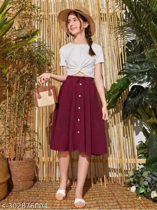 Maroon cotton-blend flared knit skort with pleats, perfect for casual outings and beyond