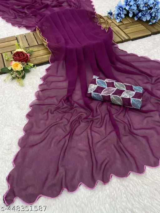 Embroidered Georgette Khajuri Wine saree with separate blouse, Indian wedding festival wear, free size
