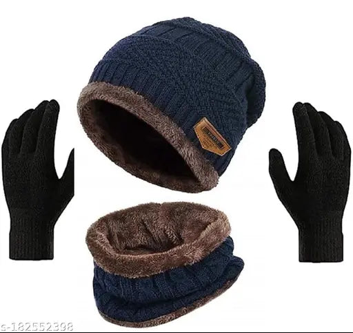 Blue checked cotton 3-piece winter beanie set: Balaclava cap and gloves