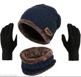 Blue checked cotton 3-piece winter beanie set: Balaclava cap and gloves