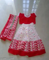 White cotton silk and red Minakari Jamdani baby lehenga with long sleeves, printed net dupatta on display