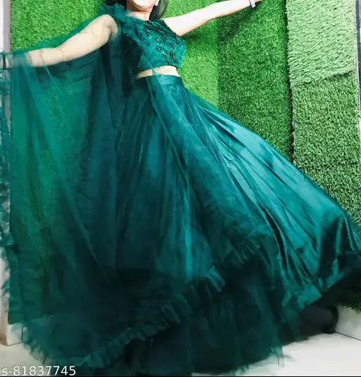 Green acrylic choli and net dupatta set, striped top with ruffled dupatta, semi-stitched, trendy party wear from India