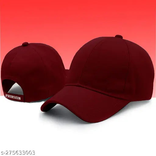 Solid maroon cotton baseball cap by Phirsein, adjustable and sweat-proof for men, women, and children. Perfect for sports or summer, branded from India