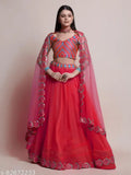 Red net designer lehenga for women, heavy net with embroidery and stone work, free size (44m waist, 42m length, 2.2m dupatta)