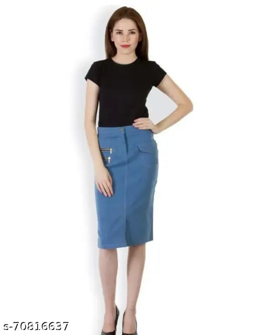 Blue denim formal pencil skirt, women's solid-patterned denim from India
