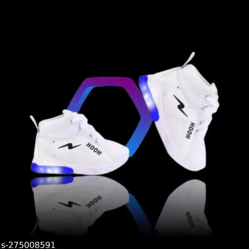 White canvas and rubber kids' LED light high neck sneakers for boys, featuring lace-up fastening, memory foam insole, and a unique trendy design. Ideal for ages 18 months to 6 years. Boomer Cubs brand. Made in India