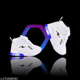 White canvas and rubber kids' LED light high neck sneakers for boys, featuring lace-up fastening, memory foam insole, and a unique trendy design. Ideal for ages 18 months to 6 years. Boomer Cubs brand. Made in India