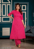 Pink cotton A-Line Katha Work kurta set with palazzos, Indian office wear in three-quarter sleeves, pink color fabric
