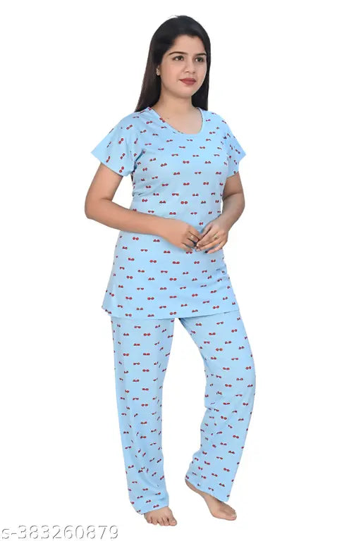 SkyBlue printed cotton night suit set, featuring top and pajama combo for women's relaxation and comfort