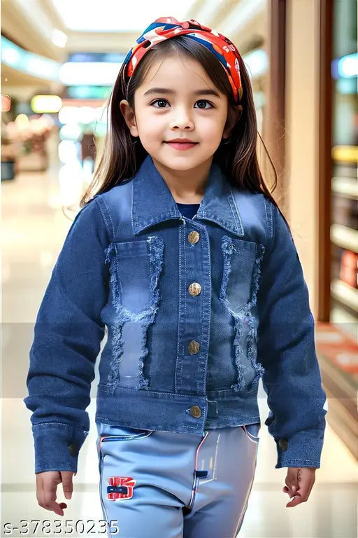 Blue denim stretchable wash winter jacket for girls, size 2-8 years, stylish & durable