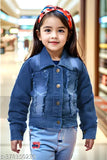 Blue denim stretchable wash winter jacket for girls, size 2-8 years, stylish & durable