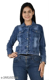 Blue denim jacket for girls, dyed/washed with long sleeves. Stylish and versatile indigo denim piece from Vkreation. Perfect for indie western wear or casual outfits