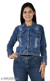 Blue denim jacket for girls, dyed/washed with long sleeves. Stylish and versatile indigo denim piece from Vkreation. Perfect for indie western wear or casual outfits